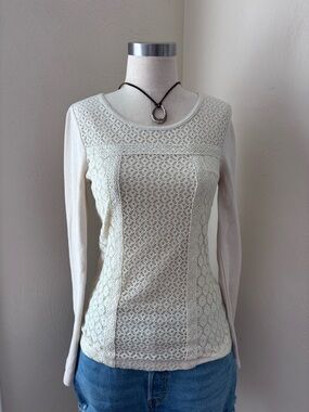 Lucky Brand Cream Crochet Lace Front Long Sleeve Tee